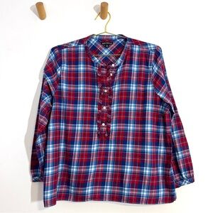 J. Crew Red Blue Plaid Flannel Boxy Blouse Ruffle Placket Christmas Holiday XL